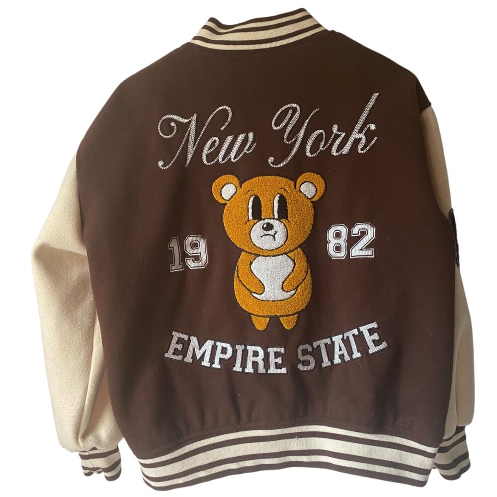 Forever 21 Love NY 1982 Empire State Women Varsity Letterman Brown Jacket BearXS